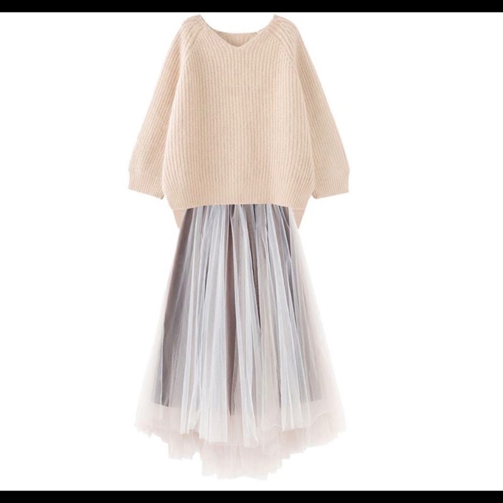Set: Long Sleeve V-Neck Sweater + Mesh Midi Skirt